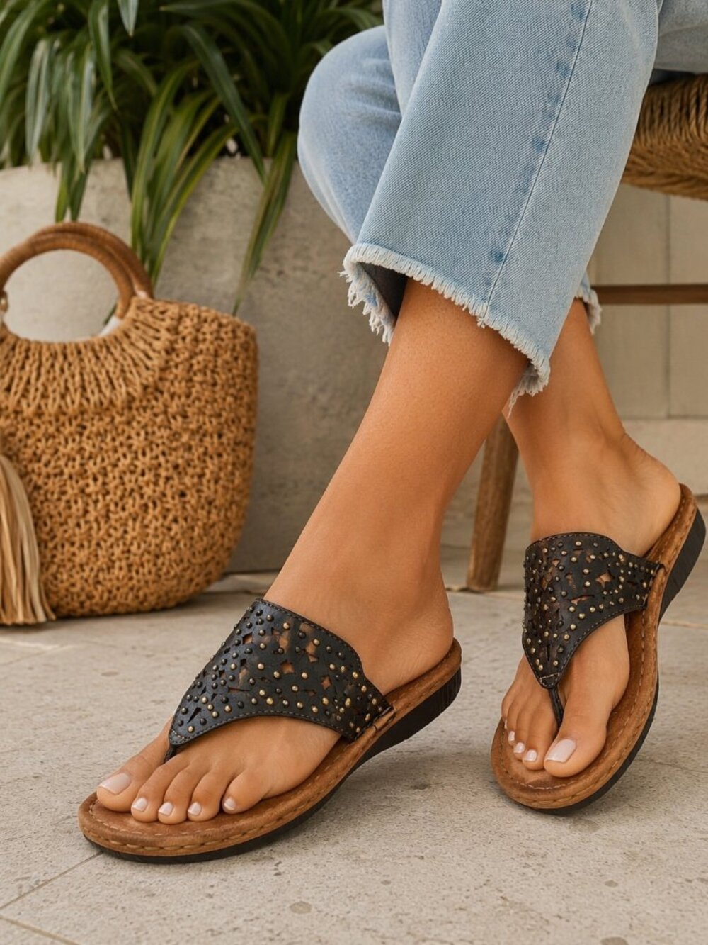 Clarks Artisan Comfort Black Studded Leather Boho Thong Sandals 7.5M
